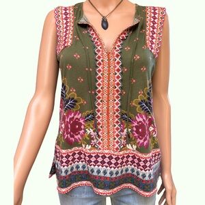 Anthropologie Green and Red Sleeveless Embroidered Tank